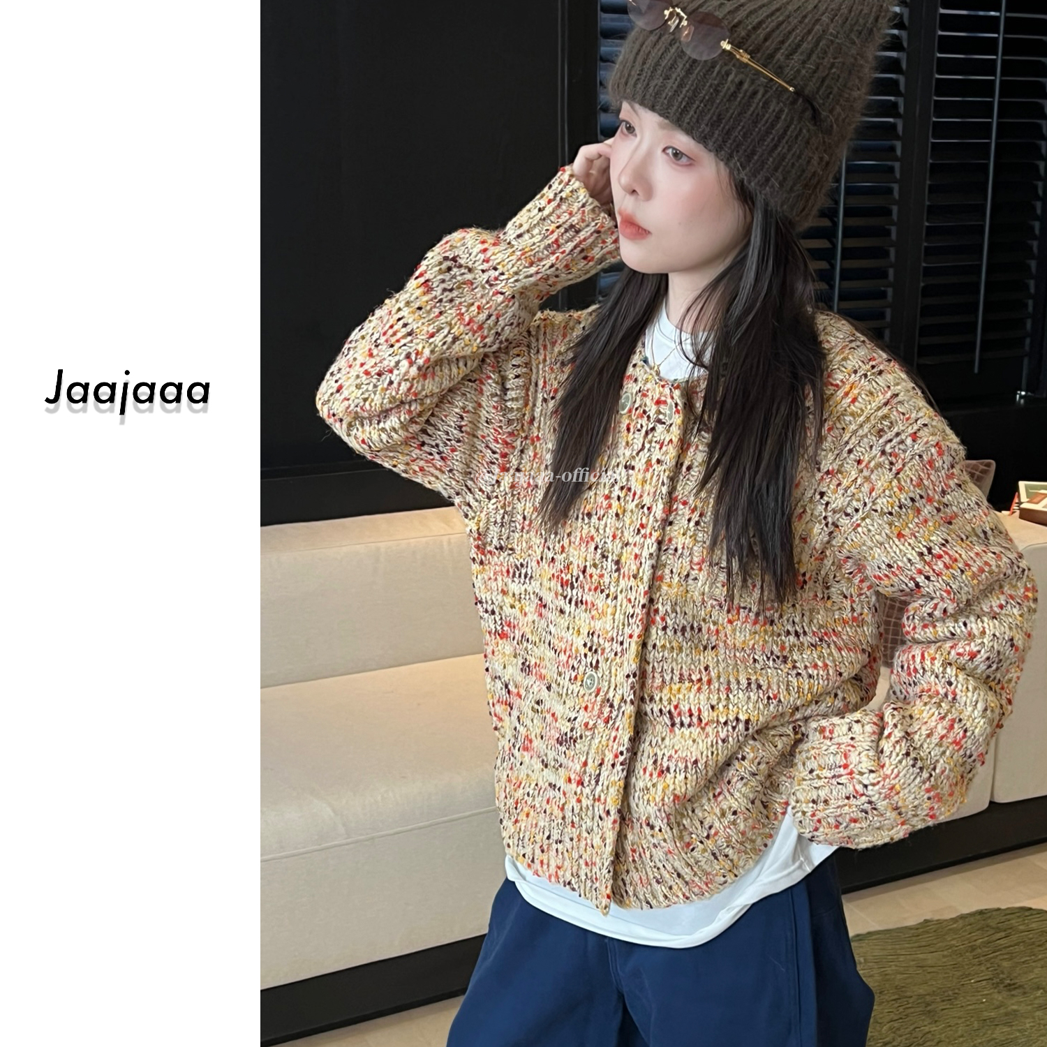 Jaajaaa星点斑驳 冬季小众设计花点针织长袖复古针织长袖开衫/EEH