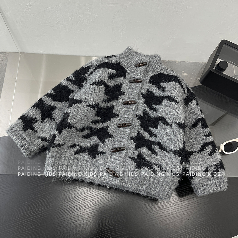 秋冬装儿童韩版复古撞色千鸟格提花保暖针织毛衣开衫SJ6715-DD1