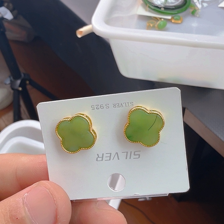 和田玉（碧玉）耳饰银S925镀金镶嵌