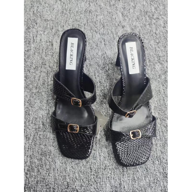 2025新款女鞋（香家黑白杏拖鞋）时尚百搭女士夏季黑色细跟粗跟尖头