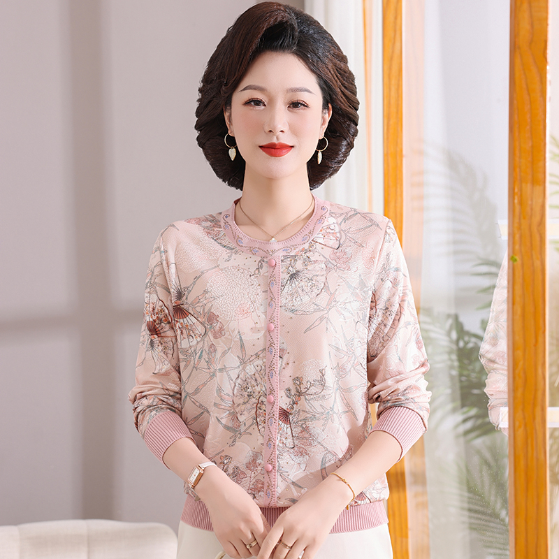 妈妈春装洋气翻领T恤小衫中老年女春夏薄款打底衫老年人长袖上衣