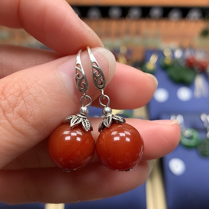 玛瑙/玉髓银S925镶嵌耳环12左右