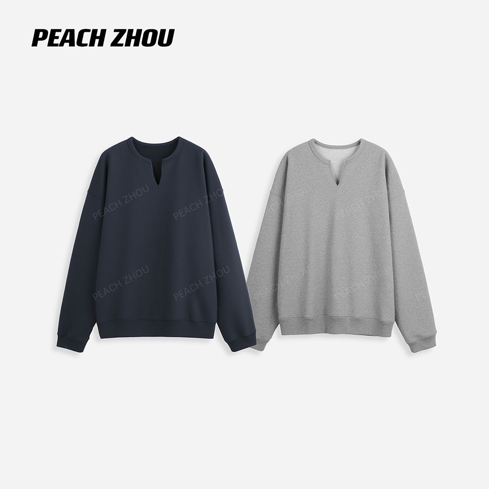 『PEACHZHOU』460g重磅徽标贴布艾针牙刷绣宽松休闲半开领毛圈卫衣