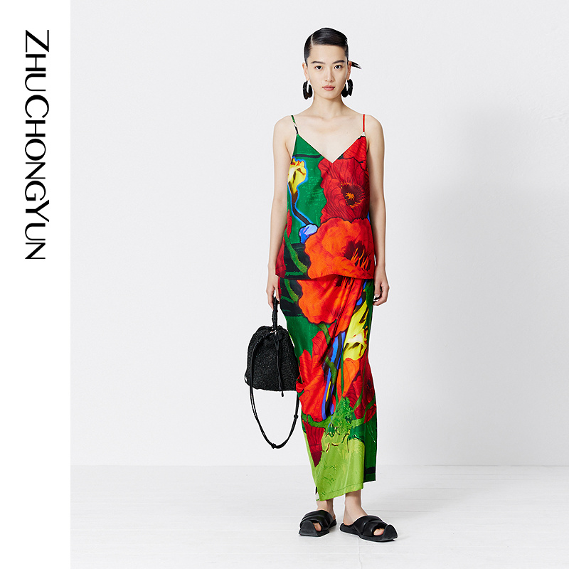 【生如夏花】ZHUCHONGYUN夏款印花系带压褶吊带背心C1DE22441
