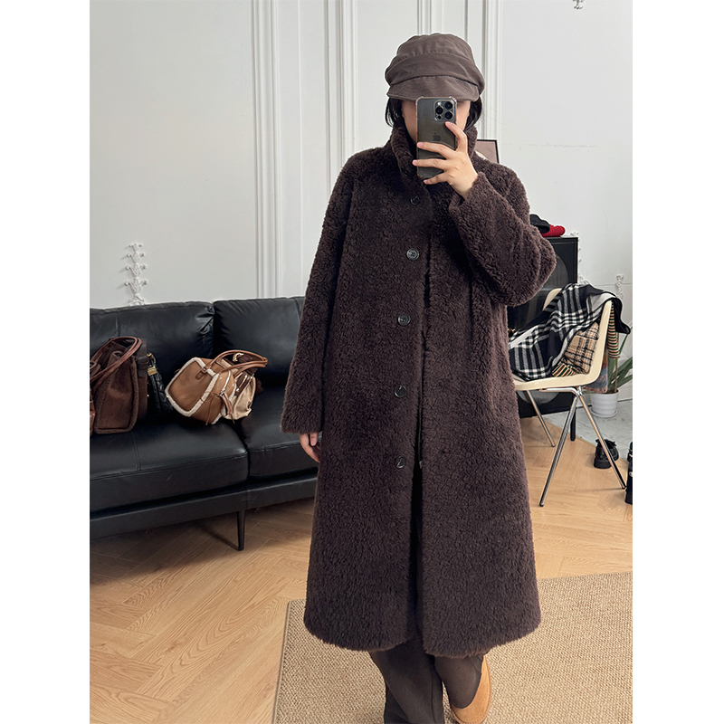 树小井【雪国】极简老钱风100%绵羊毛外套H型立领长款羊羔毛羊剪绒