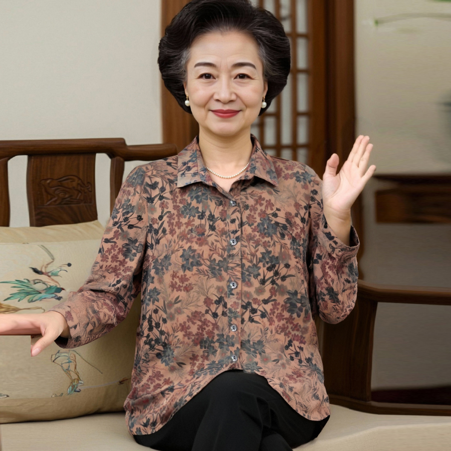 洋气奶奶装秋装女秋季开衫中老年人妈妈薄外套长袖衬衫老太太上衣