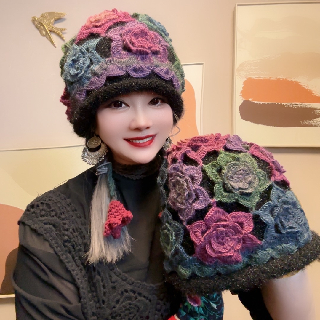 冬季新款手钩羊毛彩虹线加松鼠绒双面可戴时尚立体花朵帽