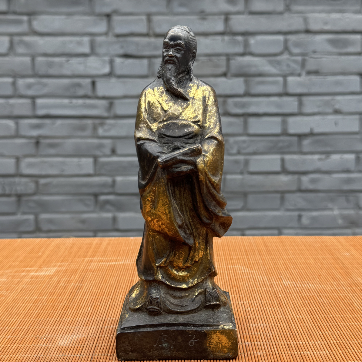 铜庄子，铜鎏金点包浆，品相完美，直径7高21+重：1040克