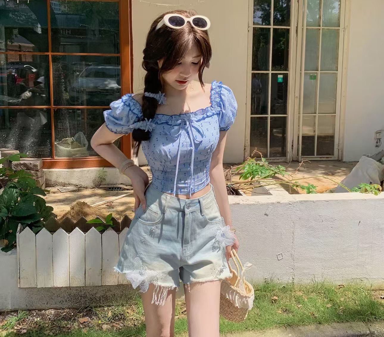 甜美小众设计感泡泡袖短袖衬衫女夏季纯欲风短款上衣