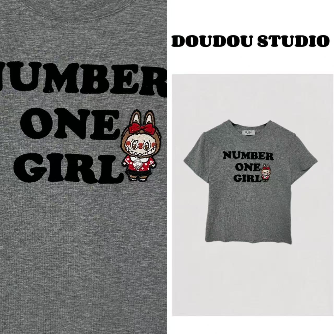 【兜兜】蝴蝶结布布 夏季新款刺绣修身短袖T恤 井293A