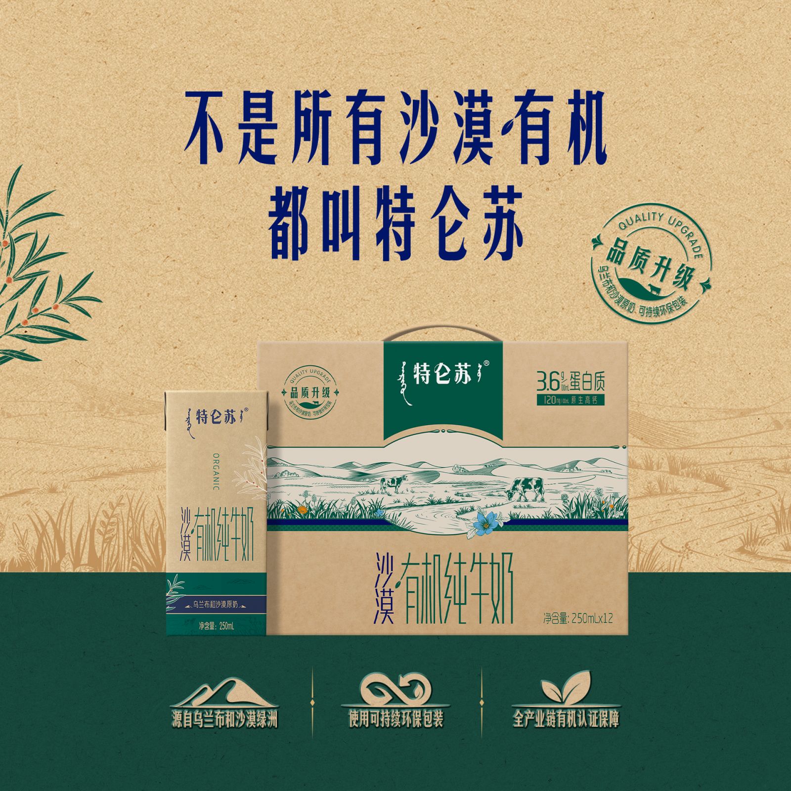 【3箱】特仑苏沙漠·有机纯牛奶苗条装250ml×12包×3提【MN】商品图