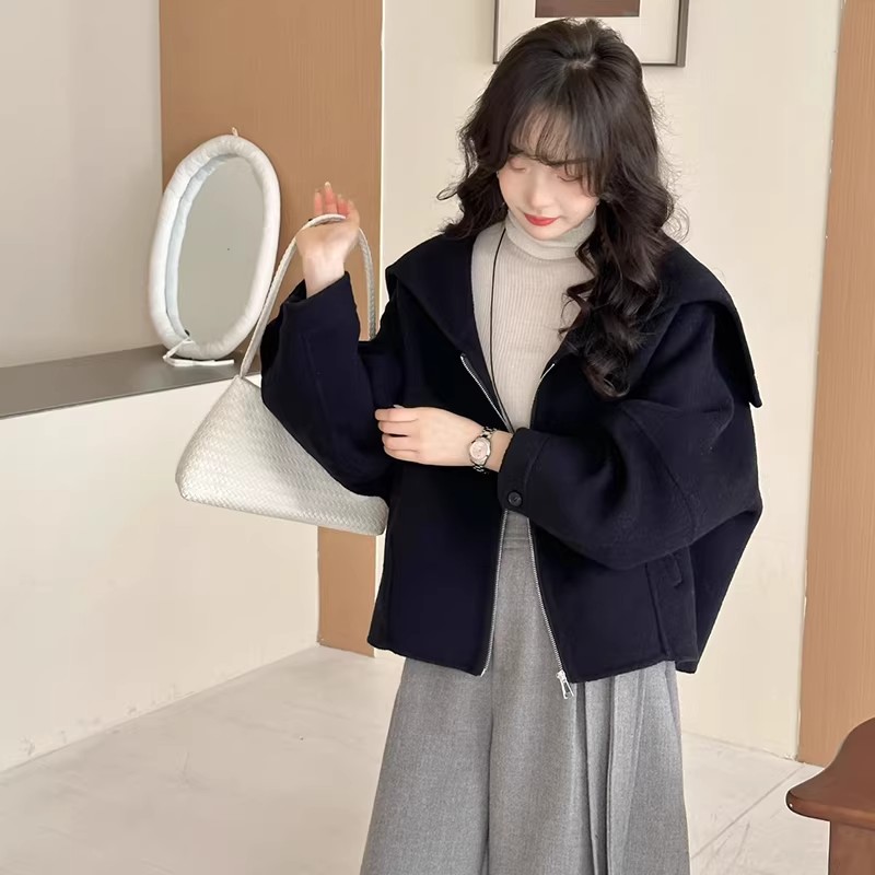 2025秋冬海军领双面羊绒大衣女短款宽松茧型减龄羊毛呢外套6582
