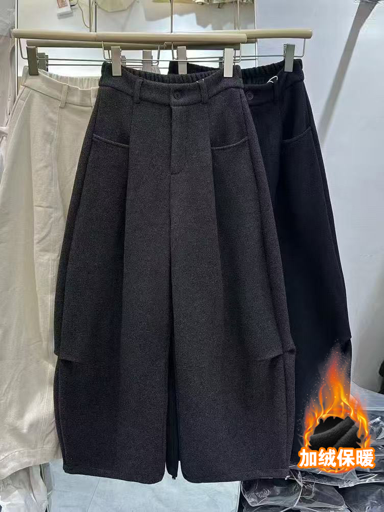 高腰弯刀加绒加厚毛呢阔腿裤女韩系2025冬季宽松显瘦直筒休闲裤子