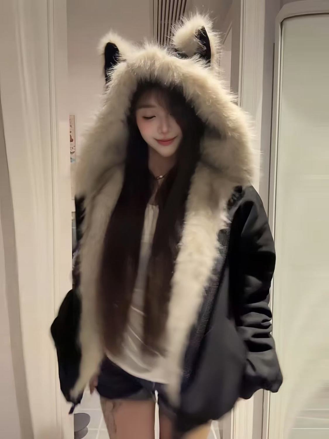 棉衣中长款棉服大毛领猫猫风格外套