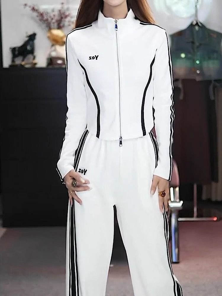 休闲时尚运动套装2025新款春秋显瘦减龄修身短外套女+裤子两件套