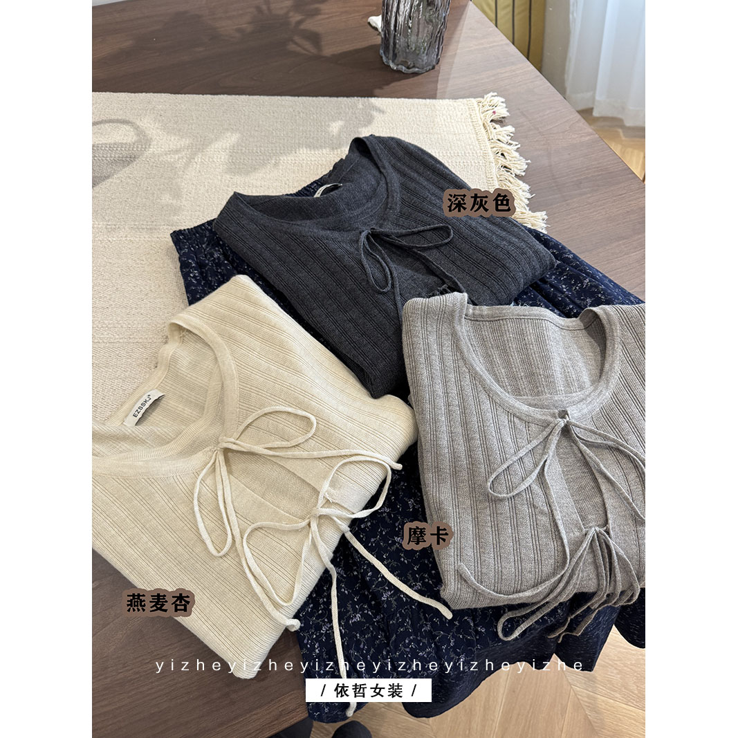 “”假两件开衫“”女蝴蝶结圆领毛针织衫燕麦上衣开衫长袖