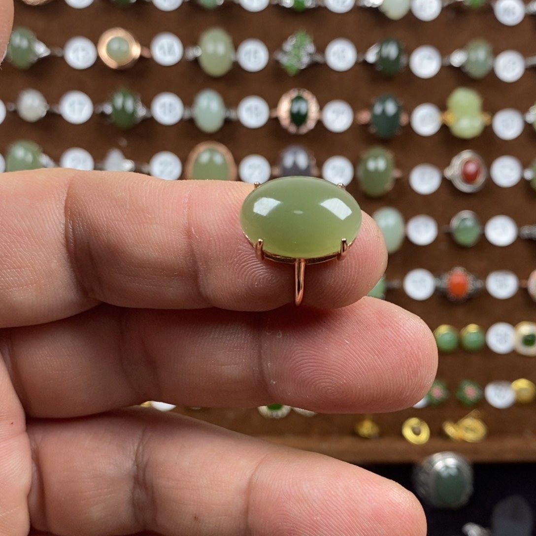 和田玉（青玉）戒指银S925镀金镶嵌
