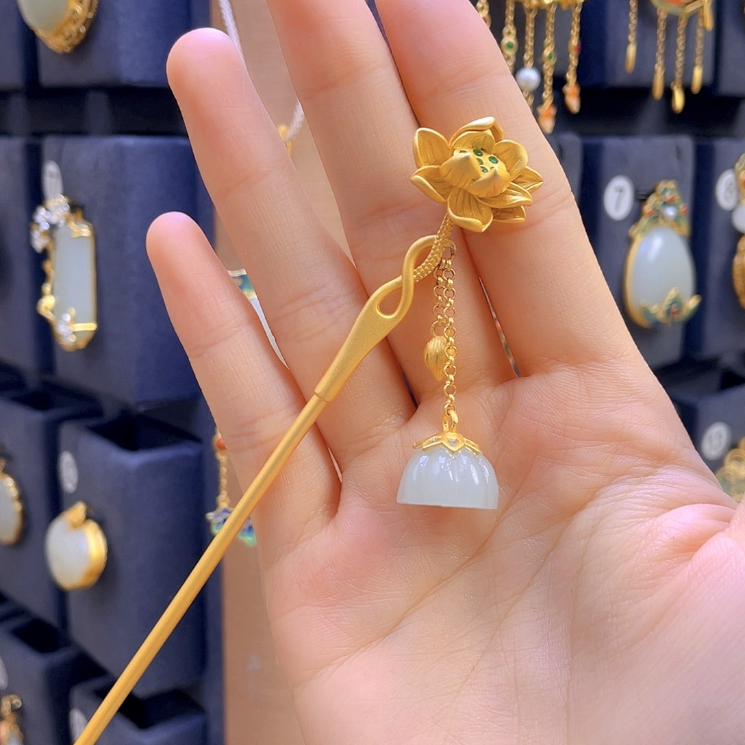 和田玉发簪银S925镀金镶嵌