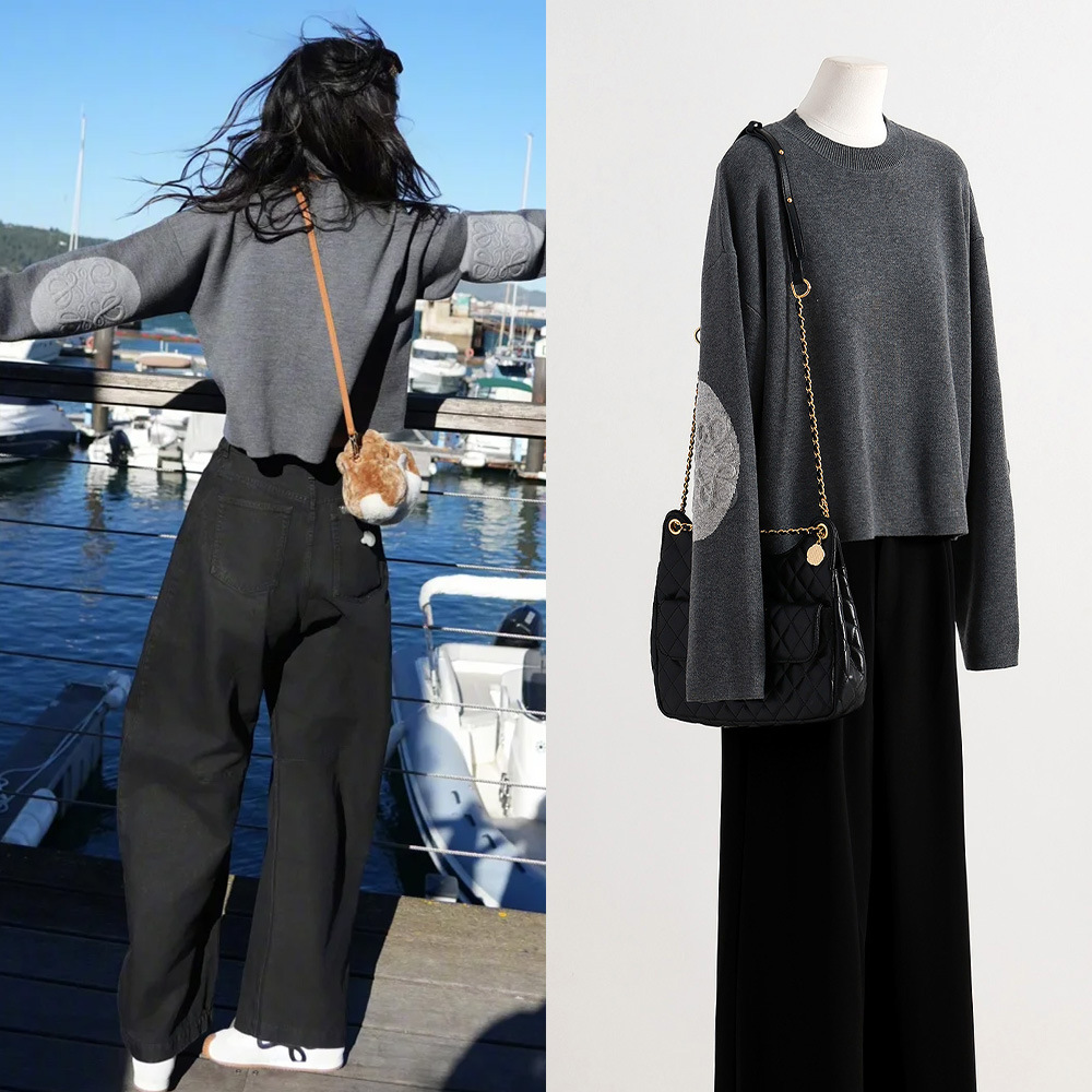 [现货]杨幂同款长袖撞色拼接压花设计减龄灰色短款针织衫上衣女春