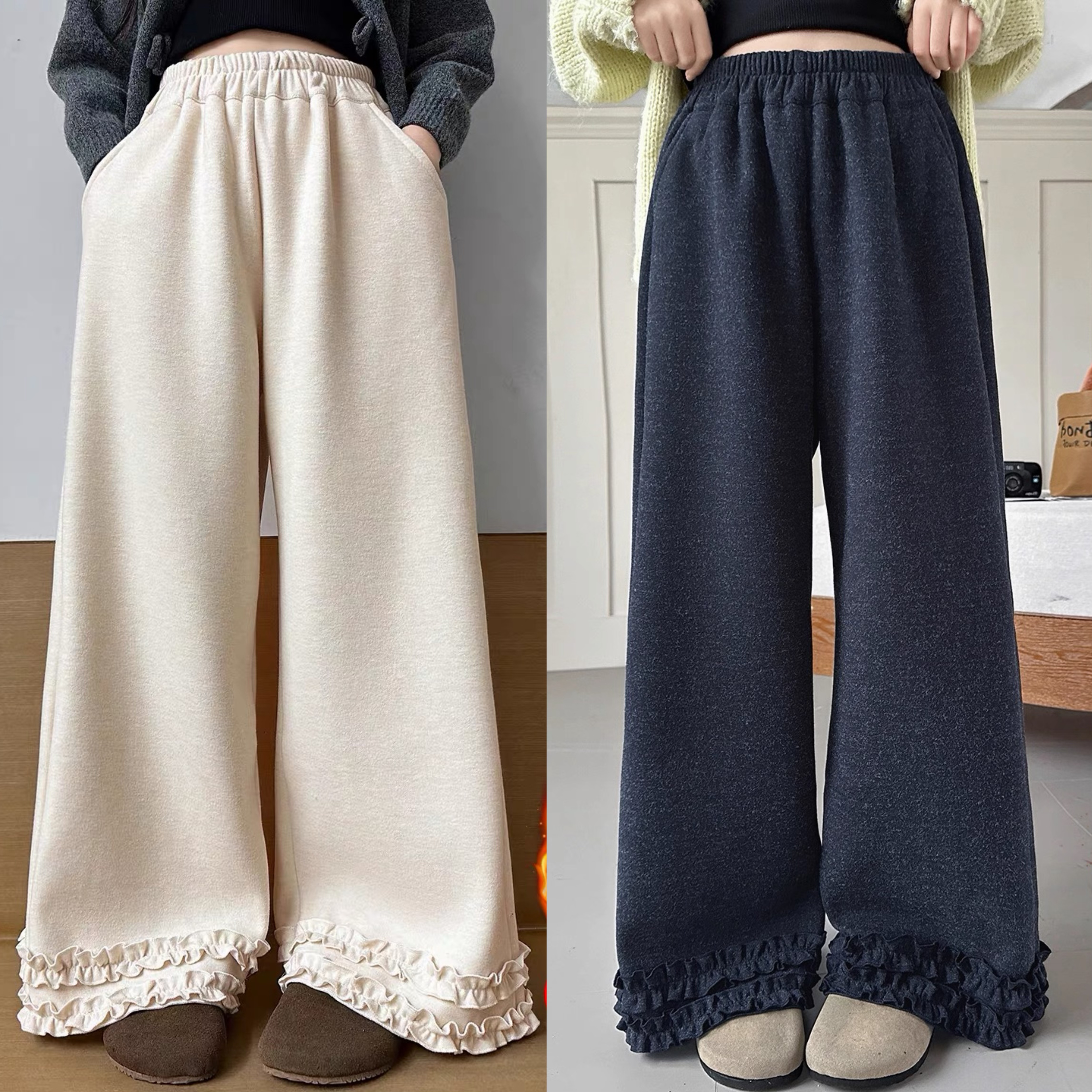 女童糯米裤秋冬款2025新款儿童洋气花边直筒裤加绒加厚宽松阔腿裤