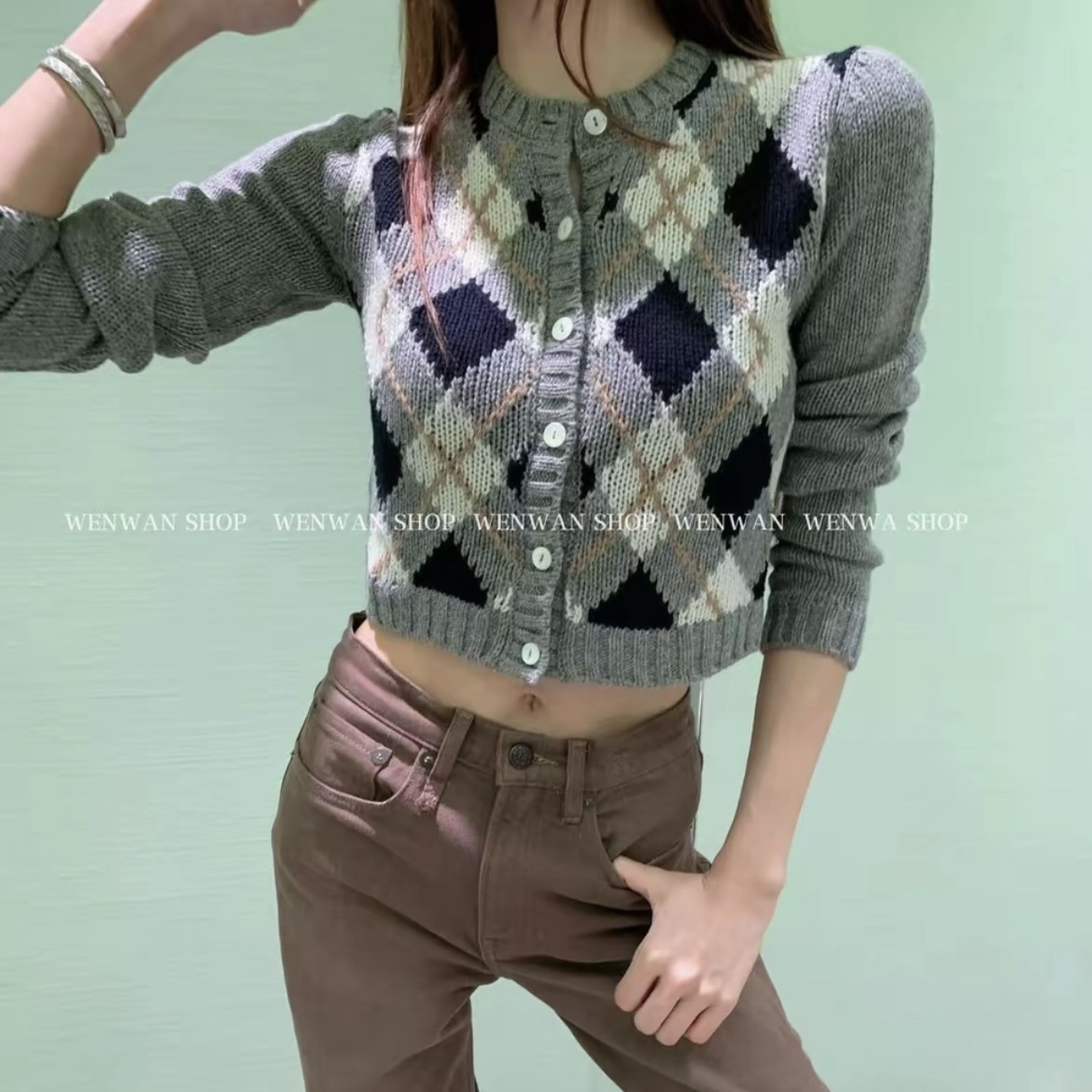 Simida斯密达-院风菱格纹圆领长袖秋冬毛衣针织衫女上衣针织开衫