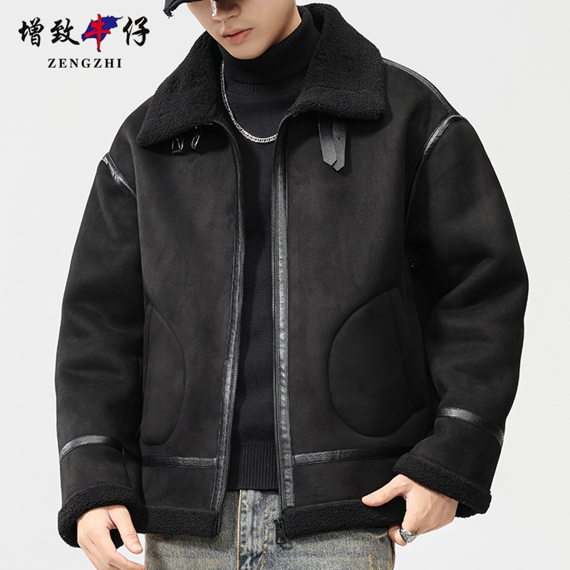 增致牛仔保暖长袖拼接棉服棉衣大衣潮加厚短款加绒冬季休闲颗粒绒