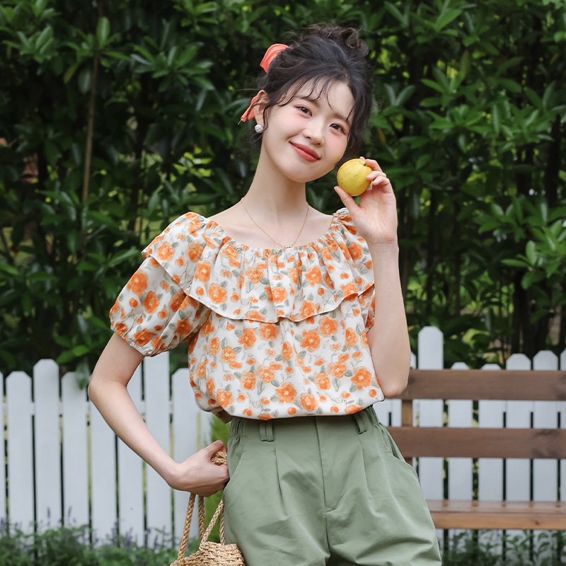 法式复古风情一字领衬衫女碎花荷叶边设计感上衣TU17982