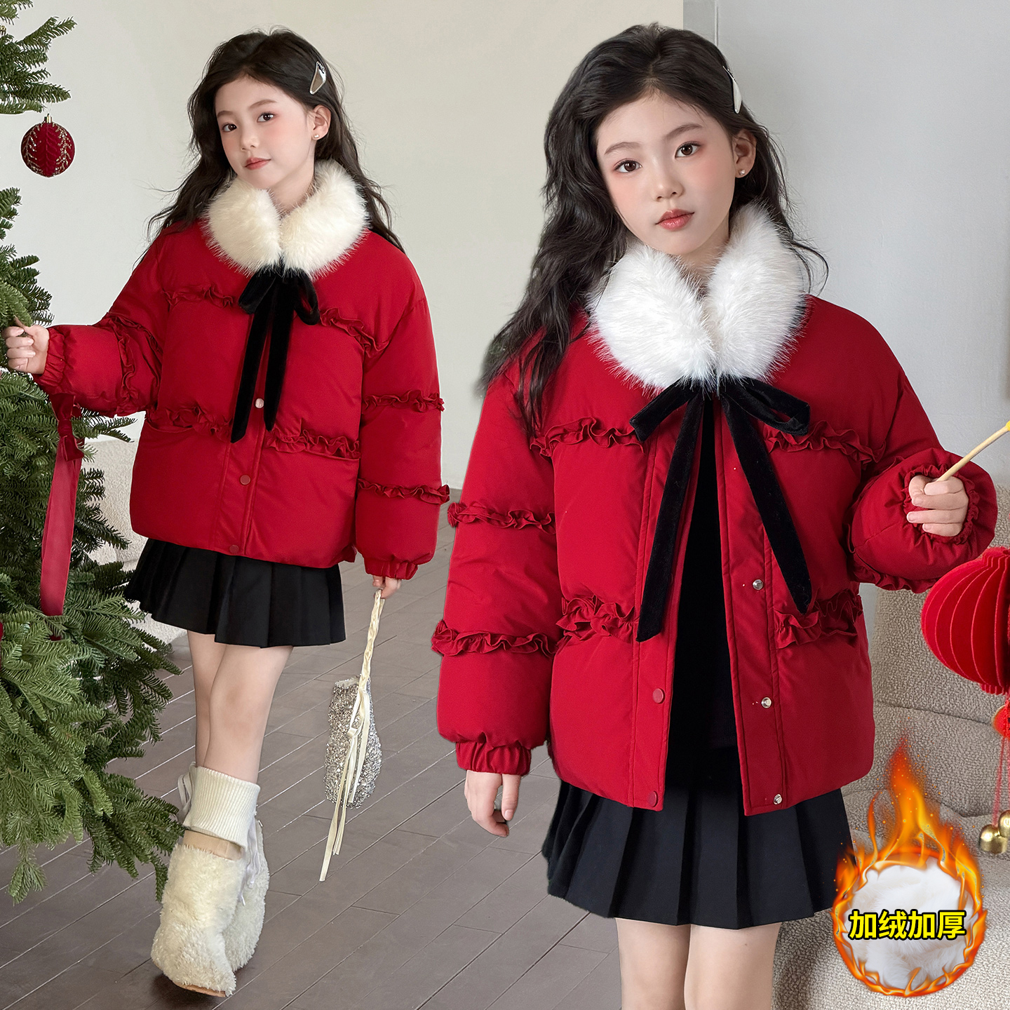 【嘻嘻柚】女童冬季荷叶边毛领年服棉衣2025新冬装韩系加厚棉服外套