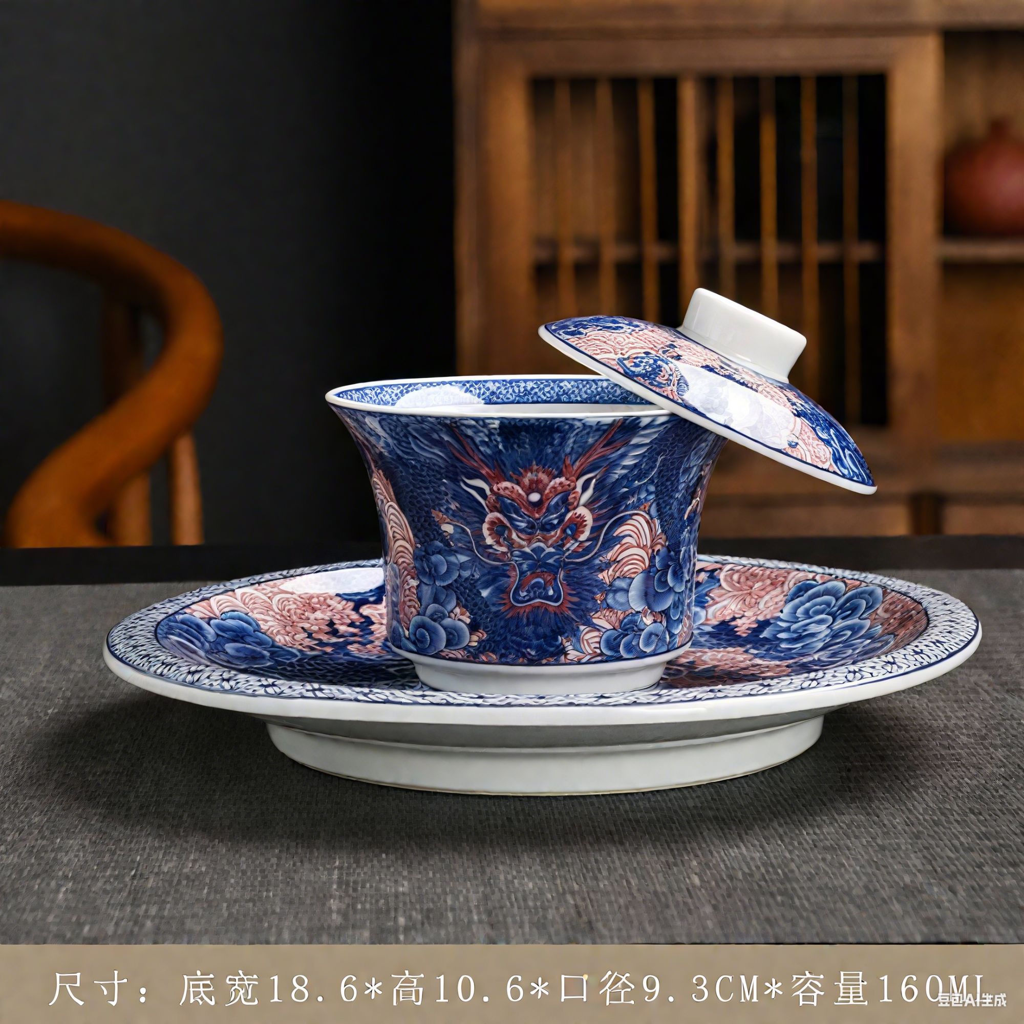 G3544-釉下彩青花龙腾盛世大号三才盖碗