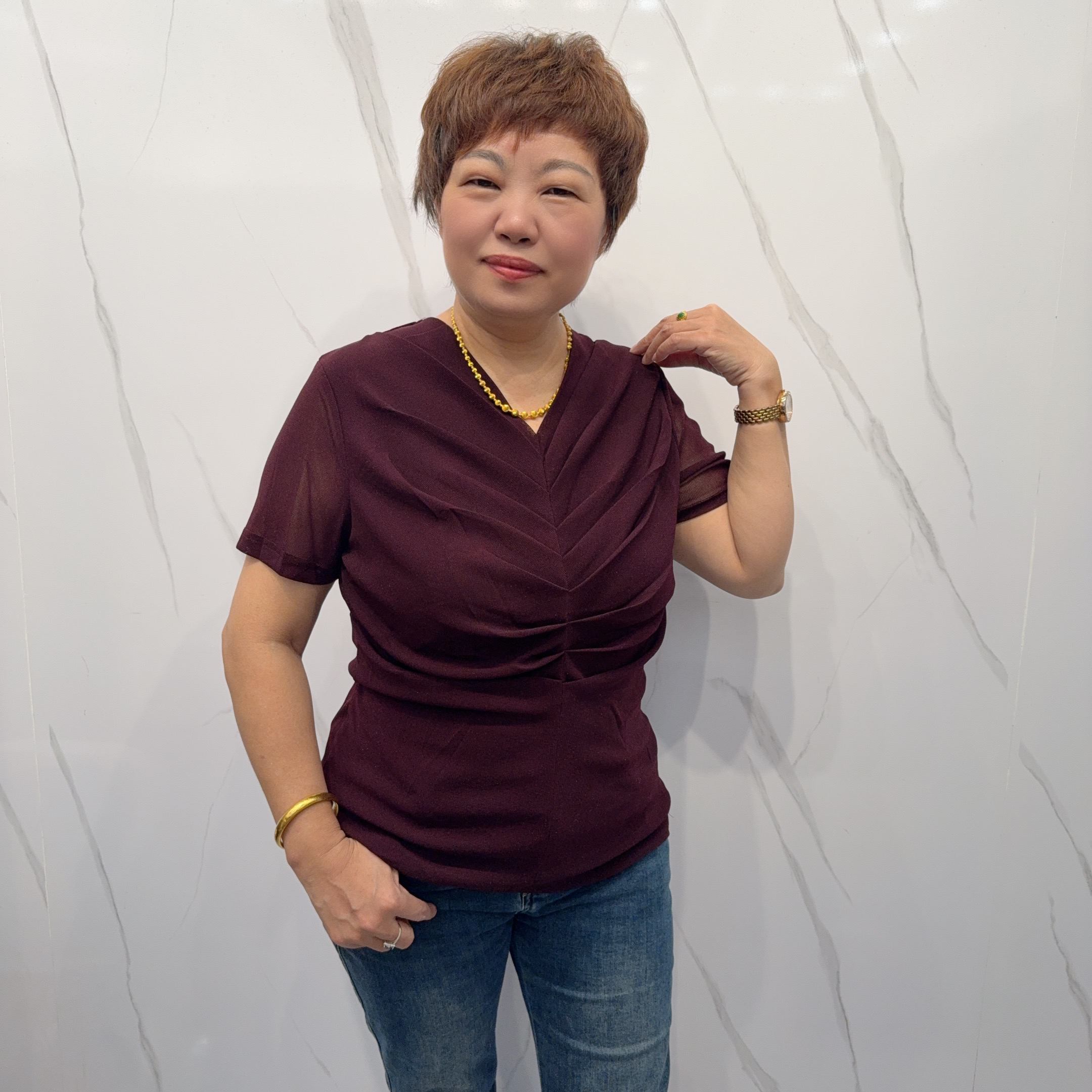 2864夏季新款时尚褶皱遮肚显瘦V领妈妈短袖上衣