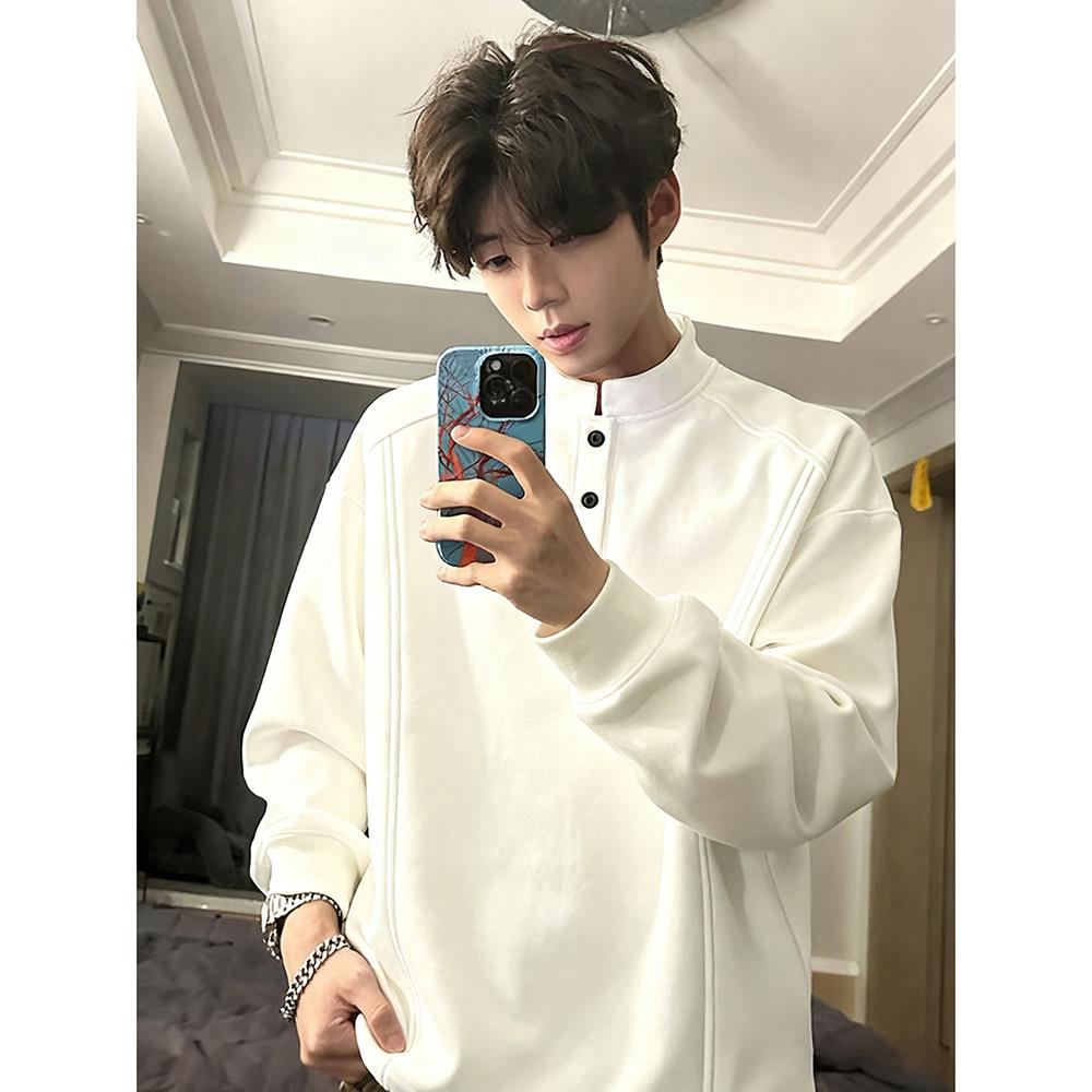 白色美式亨利领卫衣男款秋冬加绒加厚长袖t恤正肩重磅内搭打底衫