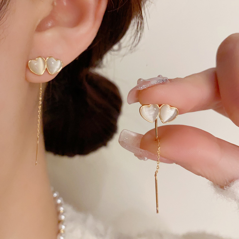 铜合金亚克力耳饰 S925气质时尚简约双爱心长款流苏耳线个性百搭