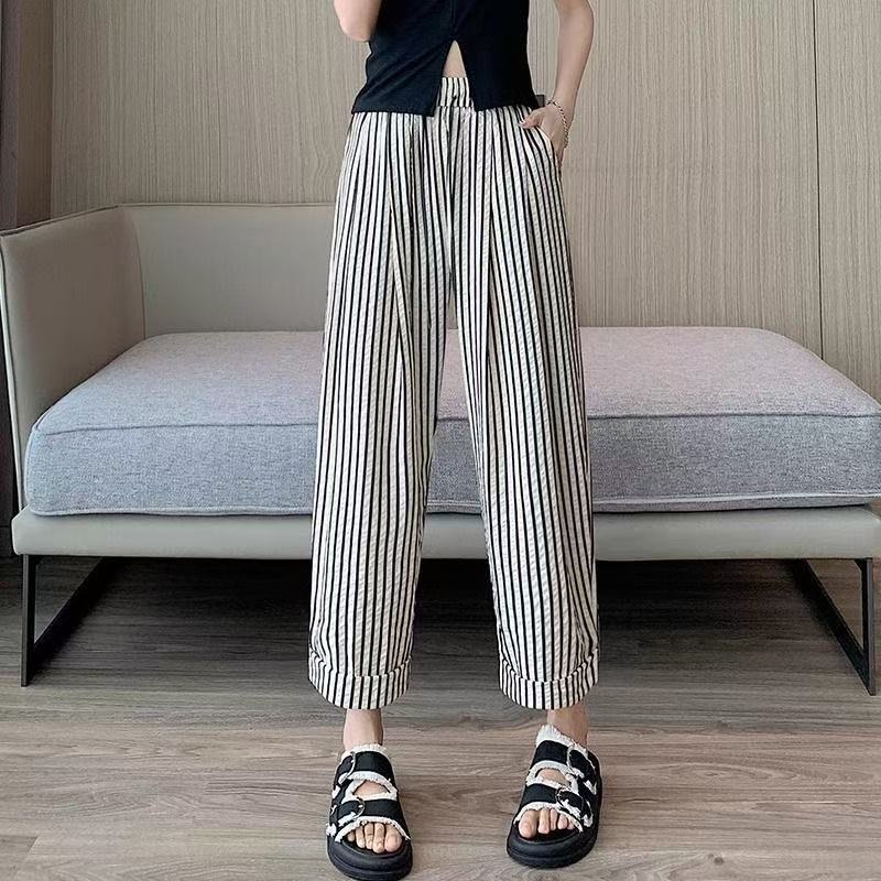 PDM-9910条纹哈伦裤女夏季卷边休闲萝卜裤小个子九分裤子