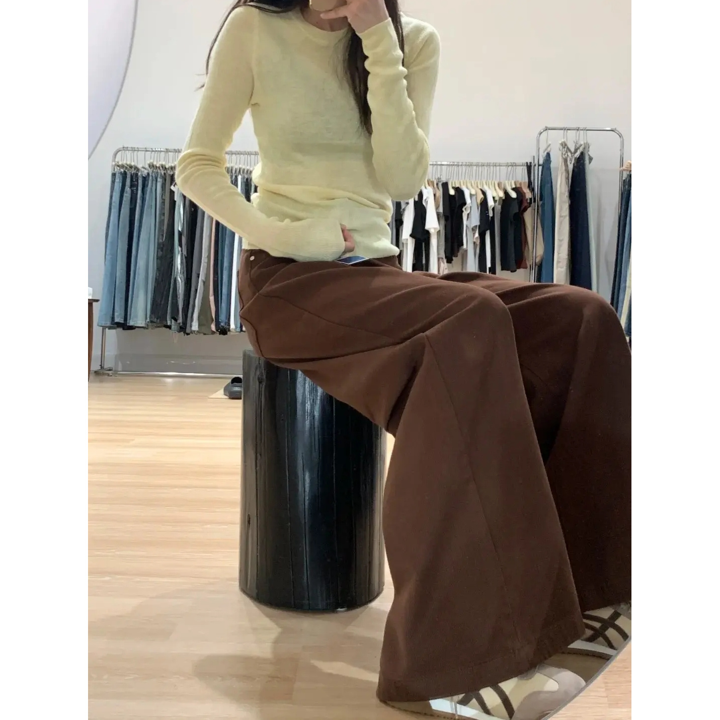 韩系穿搭chic咖啡棕高腰牛仔裤春秋女装宽松垂感阔腿裤镰刀直筒裤