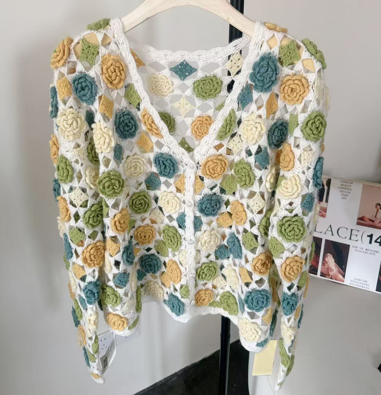 【俩月羊绒】轻奢254146-100山羊绒重工高定拼色手工玫瑰花针织开衫