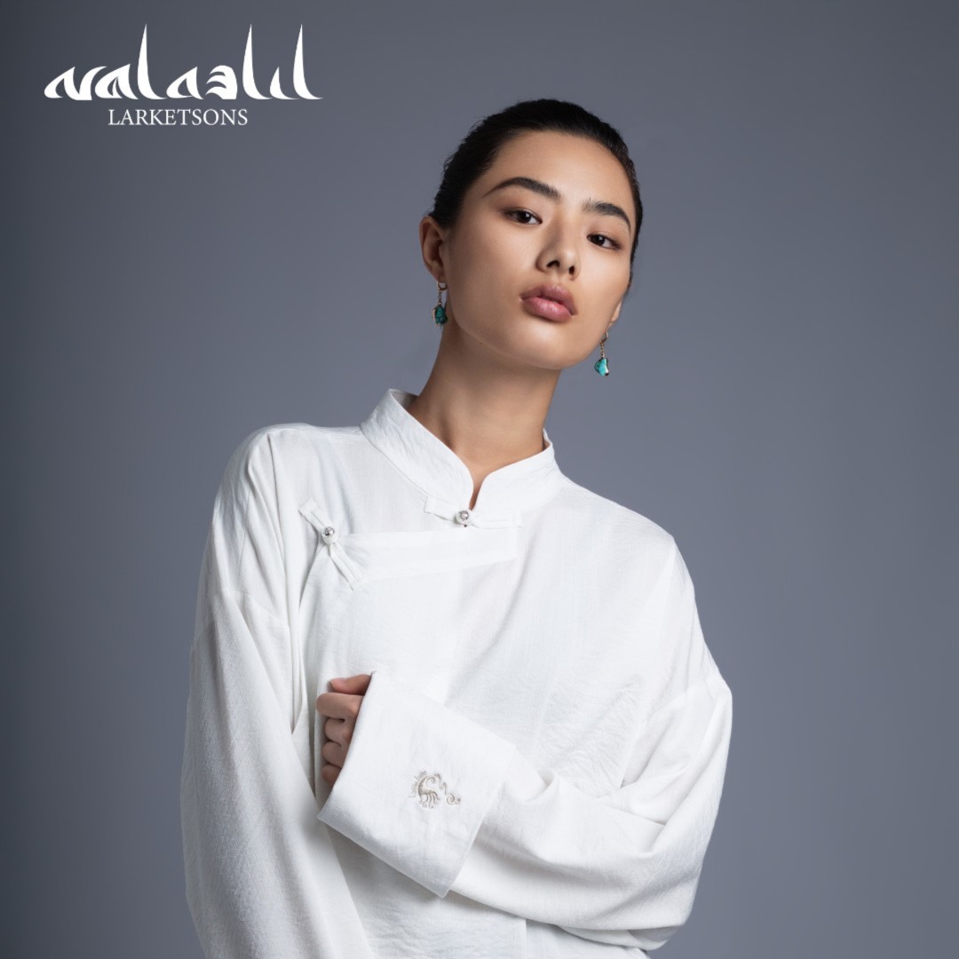 拉克松藏式百搭衬衫男女同款竹节棉绉斜门襟落肩袖简单宽松衬衣