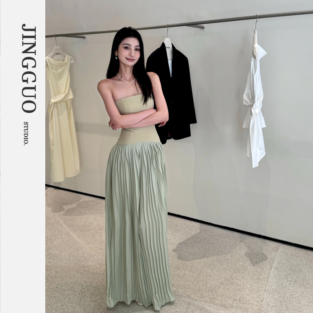 【JINGGUO轻奢】小众设计名媛抹胸长裙气质高级感百褶连衣裙7384