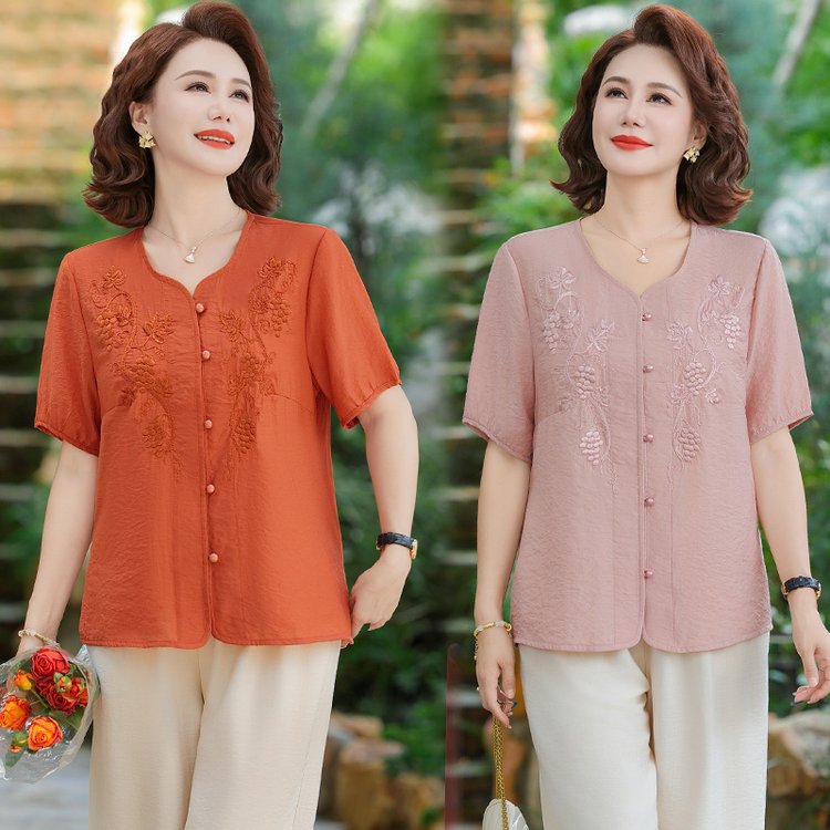 9078中年妈妈夏装短袖衬衫洋气开衫刺绣衬衣夏季薄款宽松上衣女