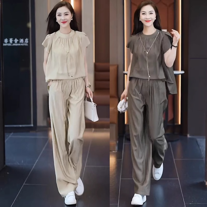 拉夏贝尔女2025夏季新款短袖隐藏式拉链设计阔腿裤两件套时尚套装