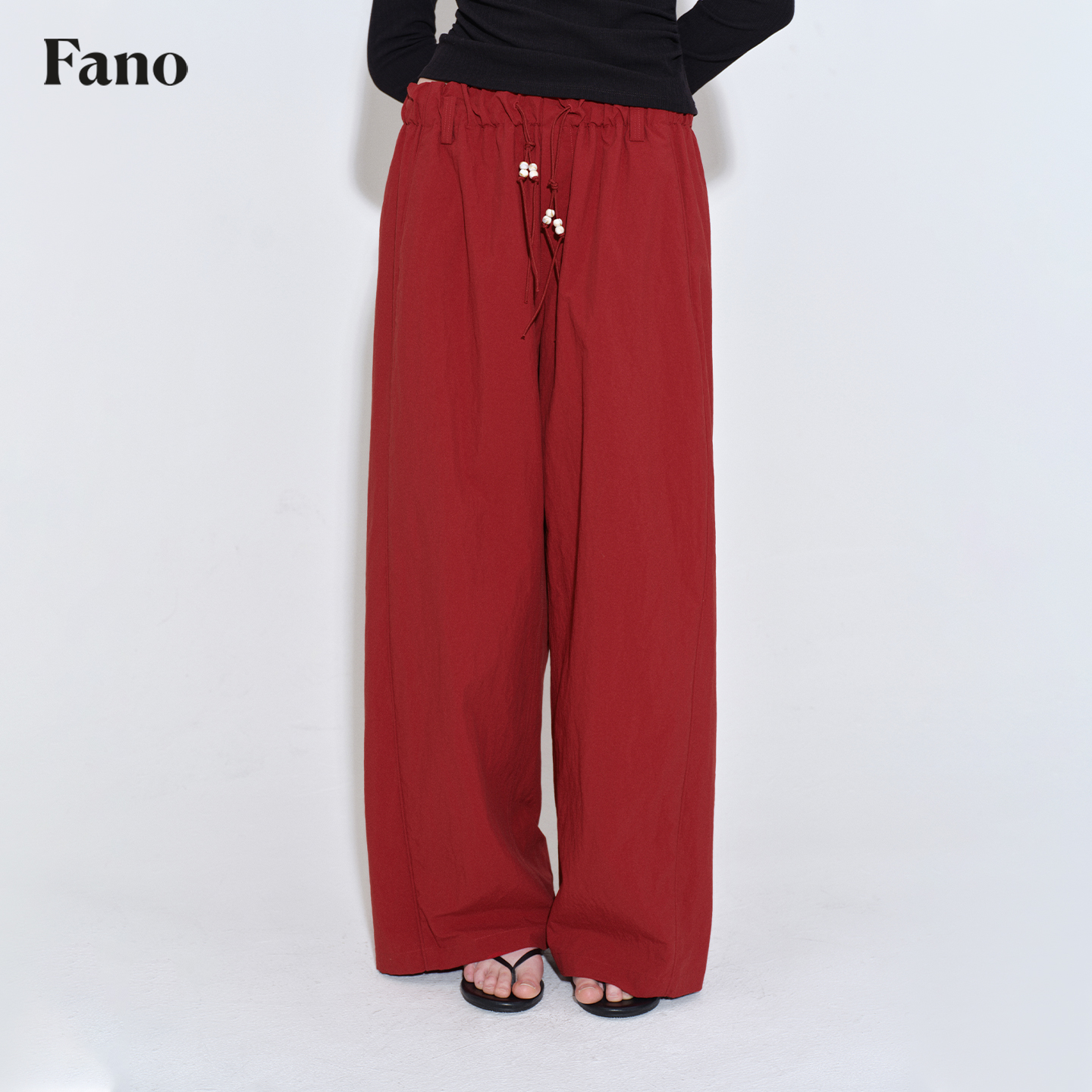 秋日亮色穿搭“造型感出片单品”抽绳挂珠休闲直筒裤FQ25K026推广
