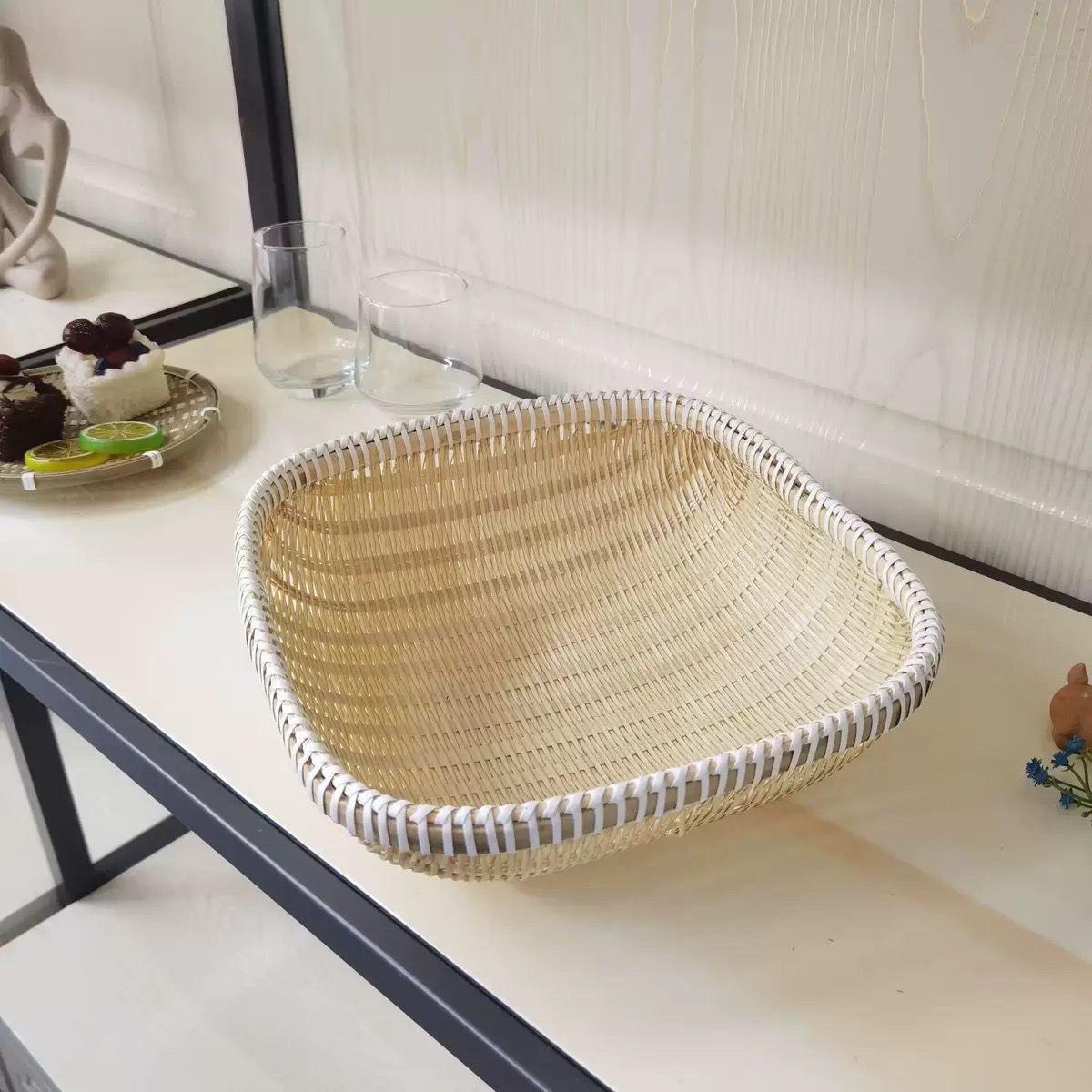 Ａ直径25厘米精编方形天然环保竹编馒头筐水果篮零食收纳筐