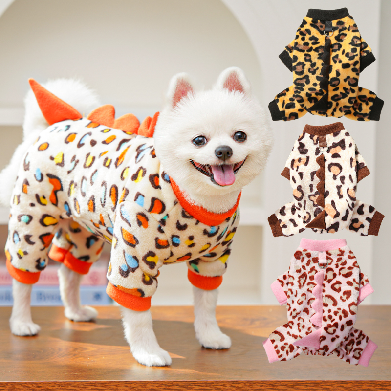 秋冬款宠物猫狗狗四脚衣保暖豹纹恐龙衣服用品法兰绒泰迪比熊猫咪