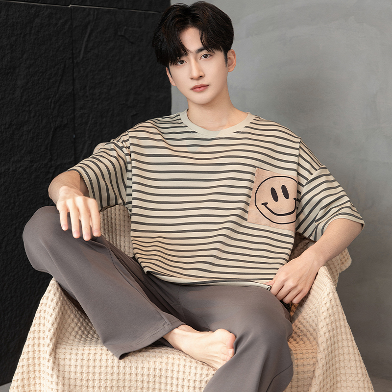 大码夏季薄款青少年纯棉短袖长裤男士可外穿睡衣