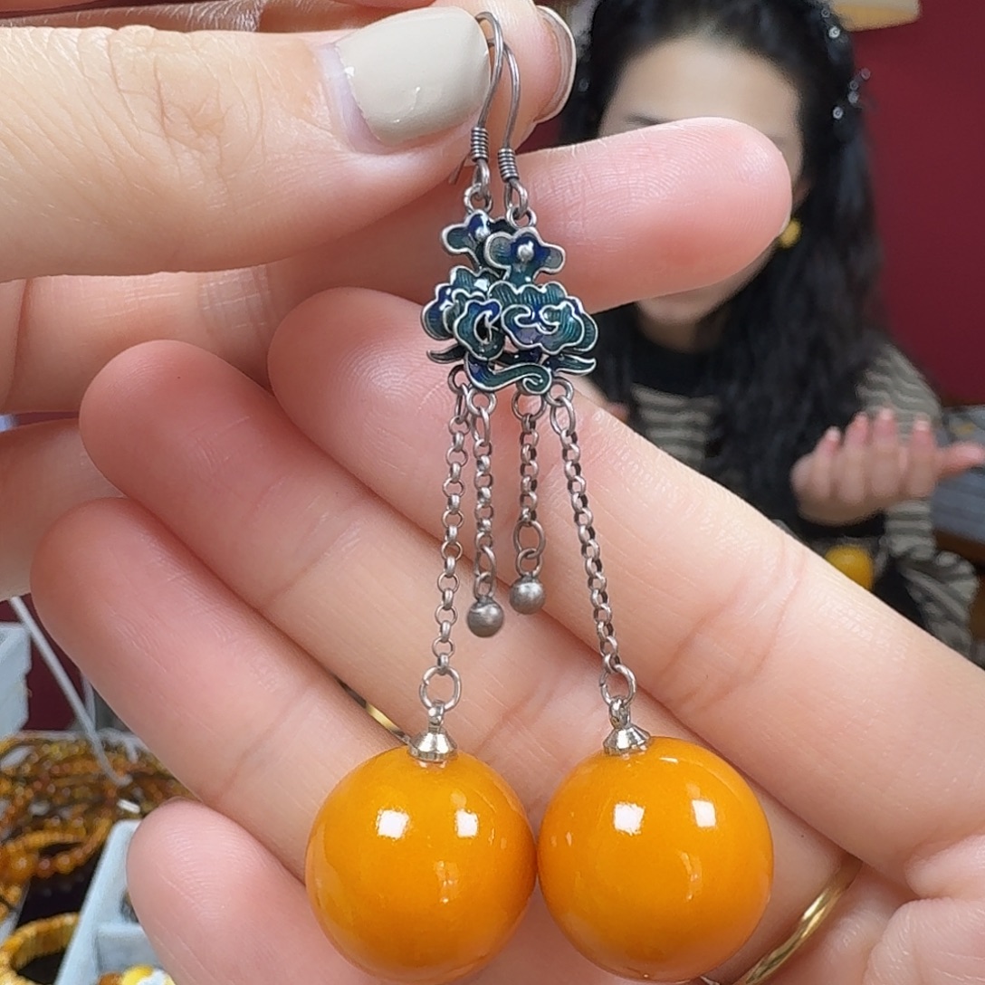 蜜蜡银S925镶嵌耳饰耳坠