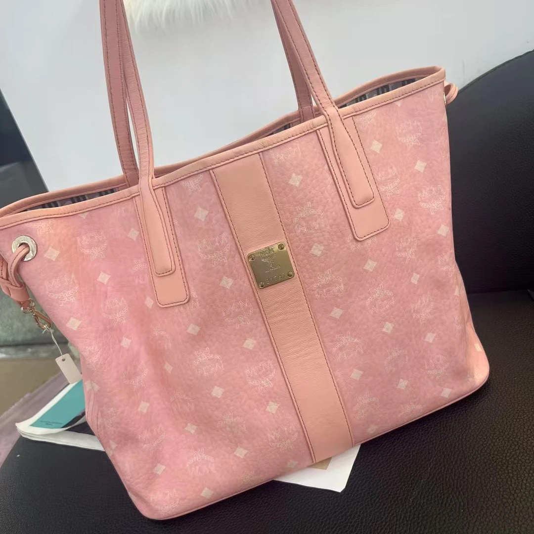 95新 MCM 大麦中古/mcm粉色托特/中号子母腋下