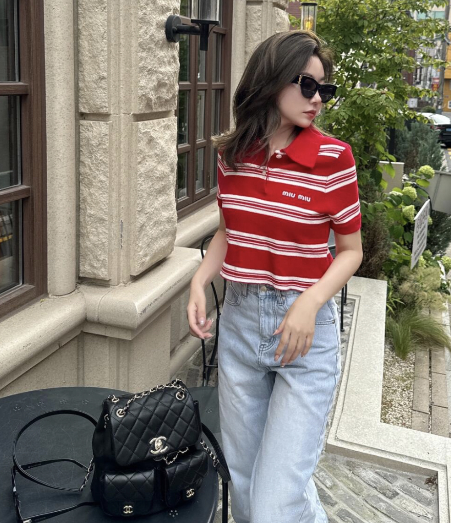 95新 MIU MIU/缪缪  pp六二五 24ss条纹刺绣徽标短袖Polo衫 L码 