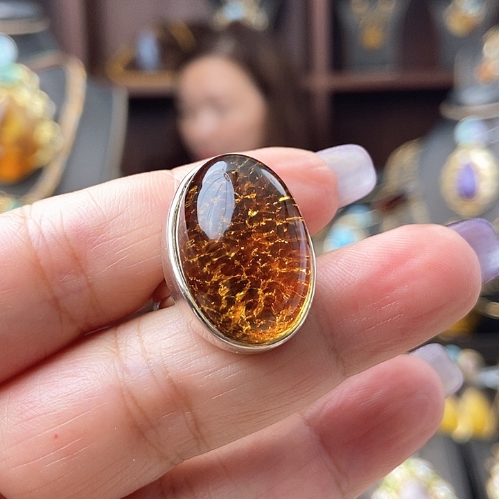 琥珀戒指银S925镶嵌戒指