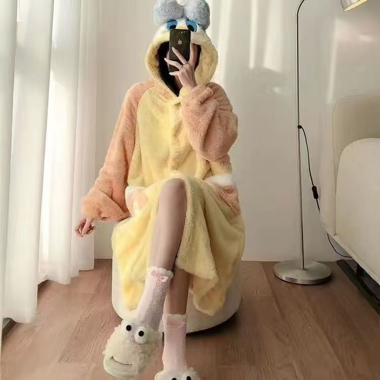 F009秋冬加绒加厚中长款睡袍睡袍珊瑚绒睡衣网红家居服外穿可爱