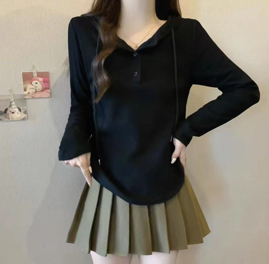 胖MM简约纯色连帽长袖T恤秋季新款女装显瘦休闲上衣