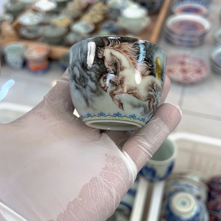 瓷片白青花粉彩梦马刚杯客杯全品
